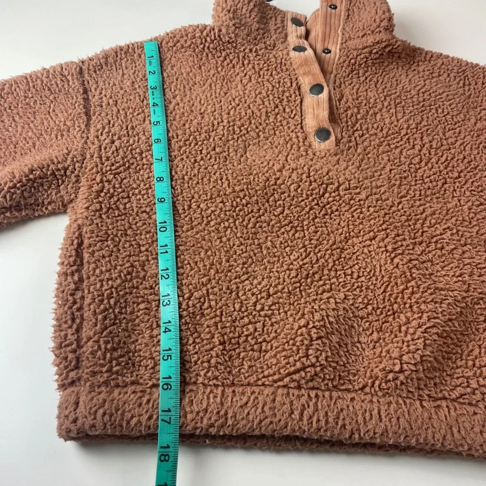 Cozie by Pink Rose Brown Sherpa Fleece Snap Neck Cropped Pullover Sweatshirt S - Picture 5 of 8